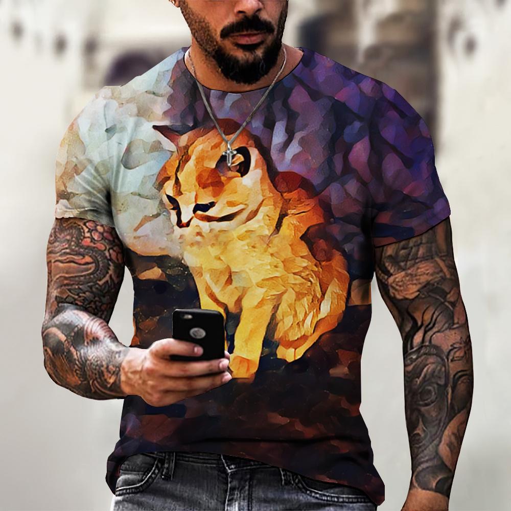 Handsome Motorcycle Cat 3D Print Summer Men's Round Neck T-shirt Casual Short Sleeve Oversized Pullover Fashion Trend Men Clothing