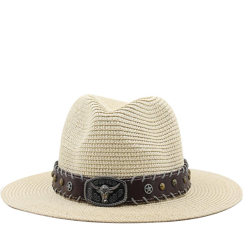 European and American retro literary hats cow head decoration western denim straw hat casual jazz hat men's and women's curved hats