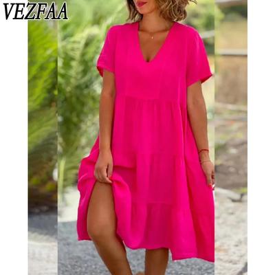 Women's Fashion Summer Spring Solid Color Print Short Sleeve V-Neck Loose Waistline Casual Dresses