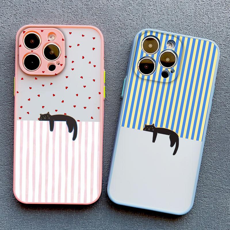 Lovely Pattern Striped Cartoon Cat Phone Case For iPhone 13 Mini 12 11 Pro Max 17 16 15 14 Pro Max Plus XR XS X 16 Plus Covers