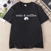 Cats and Coffee Lover Tee Women Funny Black Cat Tshirt Casual Round Neck Printed Graphic Tee Summer Cotton Short-sleeve Tee