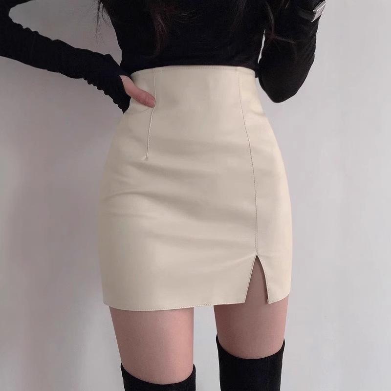 Women's Black High-Waist Bodycon Midi Skirt with Slit - Sexy Leather Pencil Skirt for Autumn/Winter