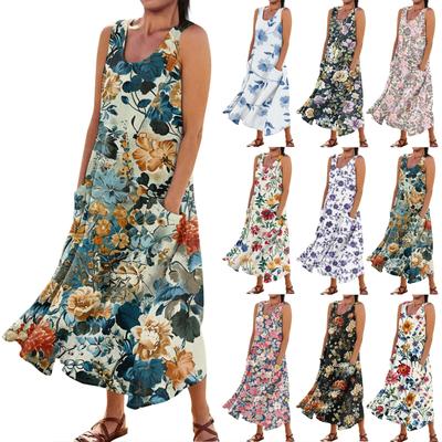 Damska, wygodna, bawełniana sukienka z kieszeniami, bez rękawów, w kwiaty