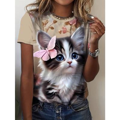 Women's Round Neck Cat Print Casual Short Sleeve T-Shirt, Summer
