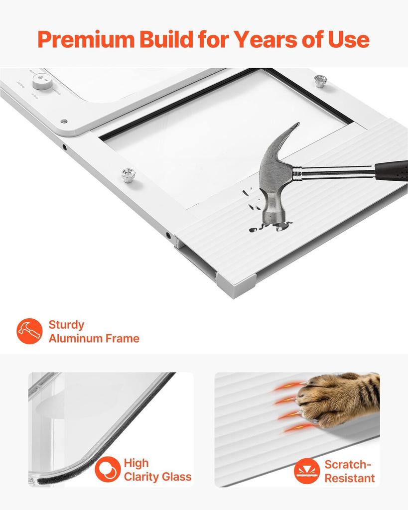 Cat Door for Window, Adjustable to Fit Window Width 787-914 mm, 4 Secure Lock Modes, Aluminum Frame and High-Transparency Glass, Magnetic Closure,