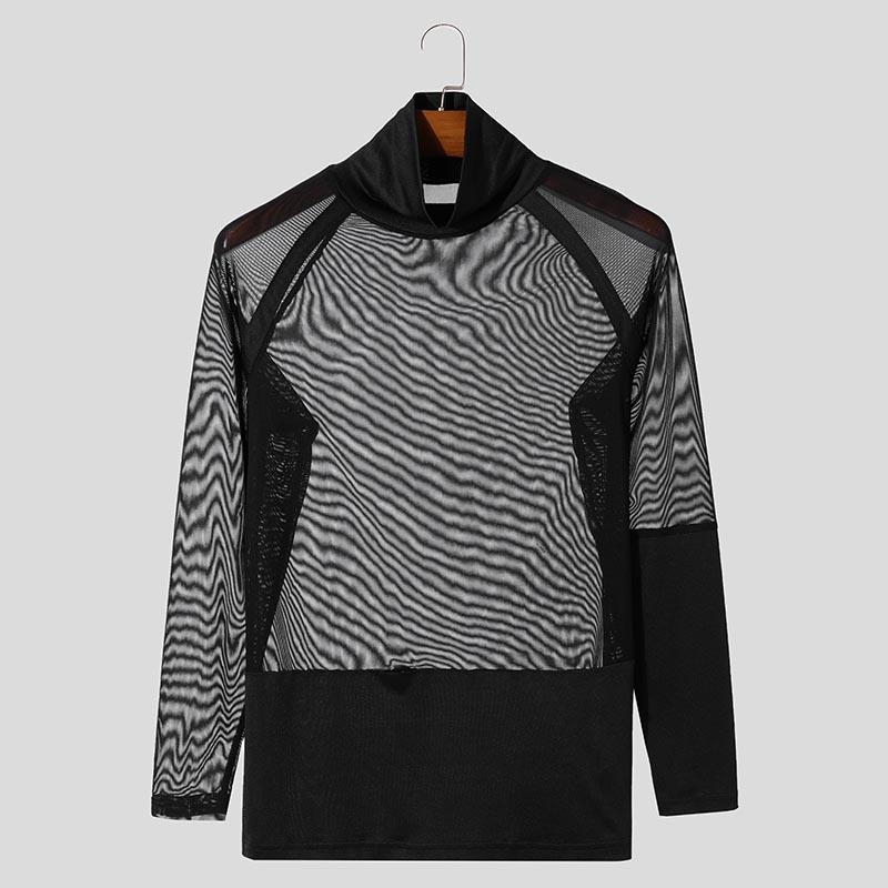 INCERUN Men High Neck Long Sleeve Mesh Sheer Stitching Party Clubwear Tops