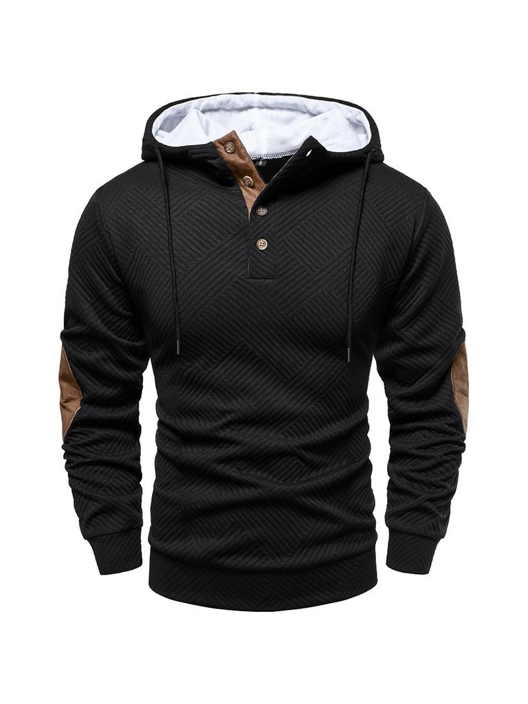 Herfst Nieuw Heren Casual Getextureerd Hoodie met Knoopsluiting & Elleboogstukken Mode Sportkleding Heren Bovenkleding