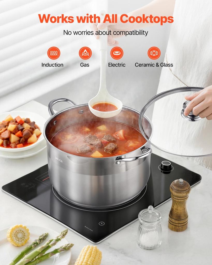 Stainless Steel Stock Pot, 11.4 L Stainless Steel Stockpot with Glass Lid, PFOA-Free, PFAS-Free, Compatible with Gas Stoves, Induction Cooktops,