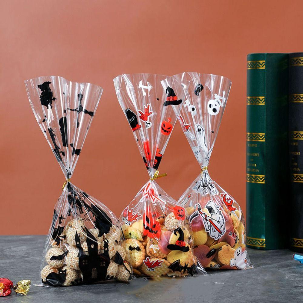 50pcs Trick or Treat Halloween Candy Bags Transparent Cellophane Food Plastic Pack Gift Bag Snack Pouch Pumpkin Bat
