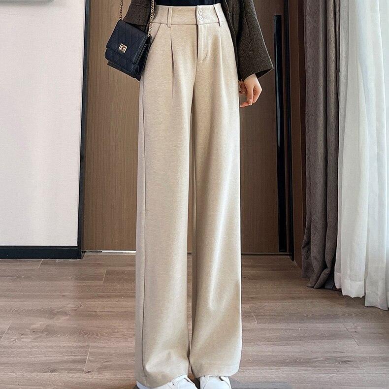 Winter Women Cotton Pants Casual Solid Color Wide Leg High Waist Female Straight Long Trousers