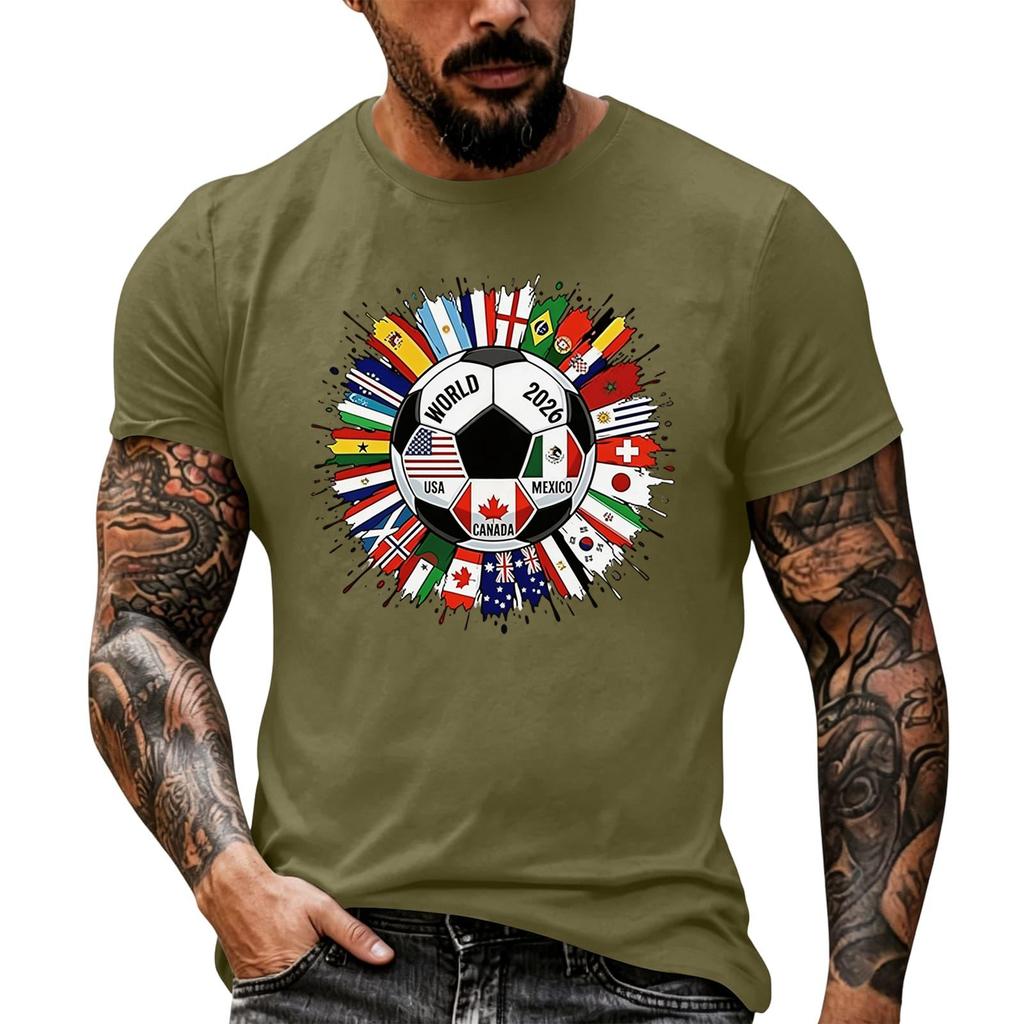 Men's Basic Crew Neck Short Sleeve T Shirt Loose Fit Casual Summer Top Soccer Ball and International Flags Graphic Print