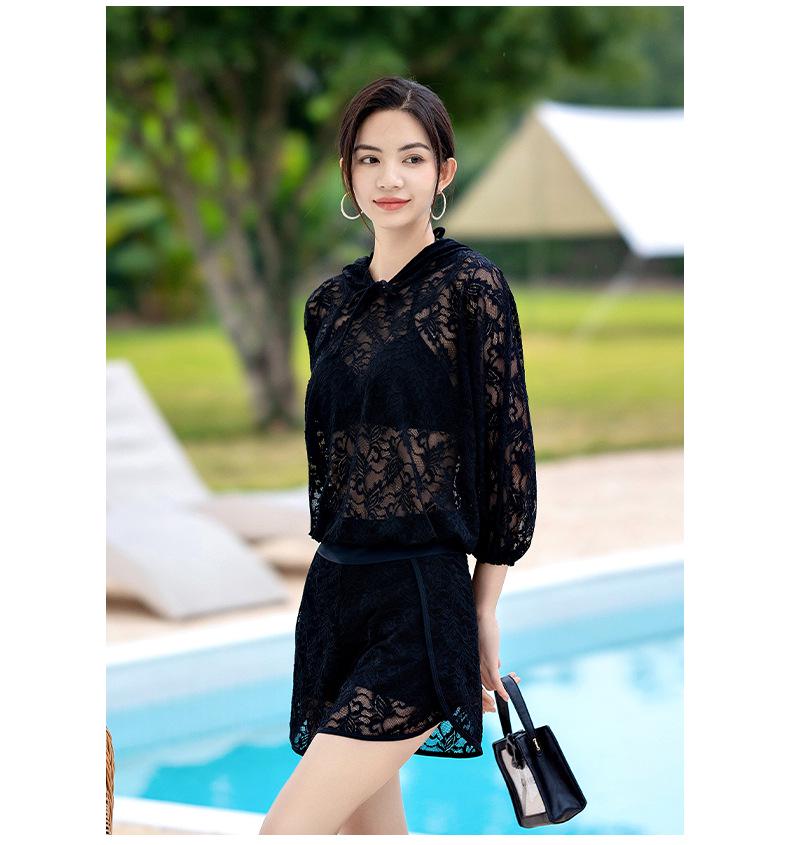 Korean Style Women's Three-Piece Swimsuit Set with Long Sleeve Sun Protection and Slimming Push-Up Features