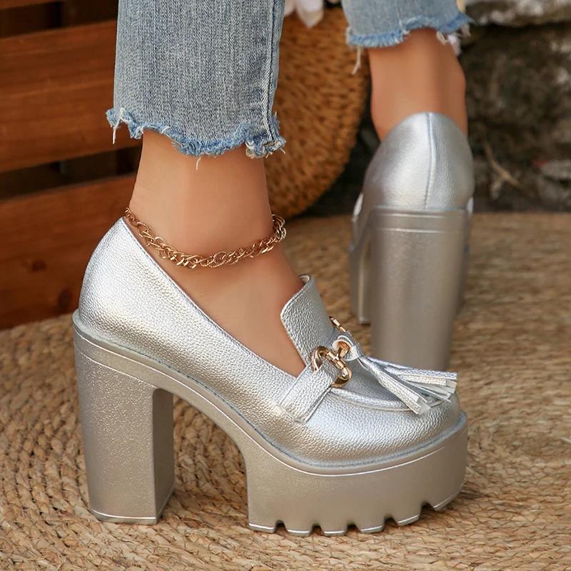 Fashion Tassel Metal Decor Super High Heels Shoes for Women 2025 New Slip On Chunky Platform Pumps Woman Gold Silver Party Shoes