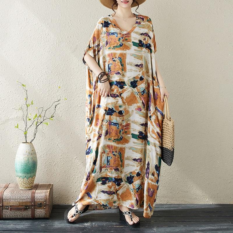 Manga corta Tallas grandes vintage floral nuevo en vestidos para mujer casual suelto Maxi vestido largo de verano