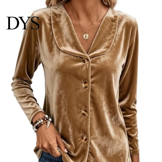 Women Velvet Blouse Fall Shirt, Button Down Long Sleeves Casual Top, Shirt Solid Color Loose for Daily Wear Work
