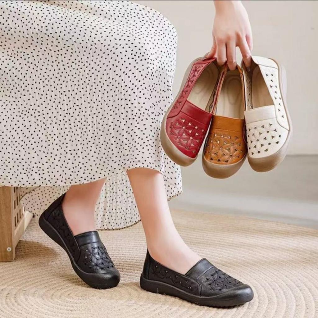 Women's Shoes 2025 Summer New Soft-soled Leather Lazy Shoes One-pedal Flat-soled Hollow Single Shoes Mother Maternity Women's Shoes