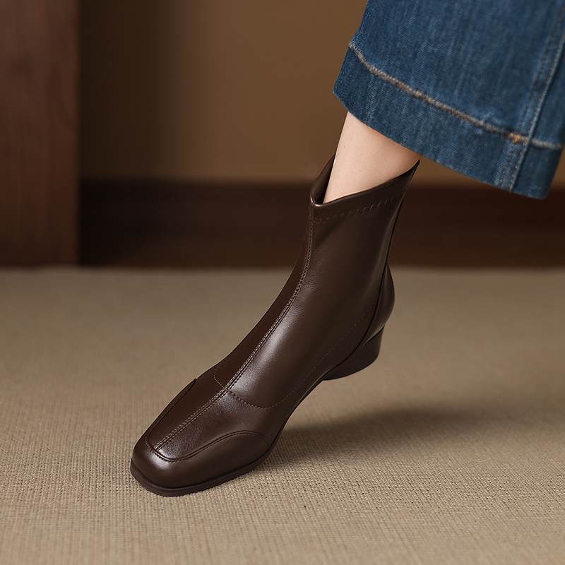 Krazing Pot Microfiber Winter Square Toe Modern Size 33 Boots Size 43 Concise Design Med Heels Zipper Women Ankle Boots