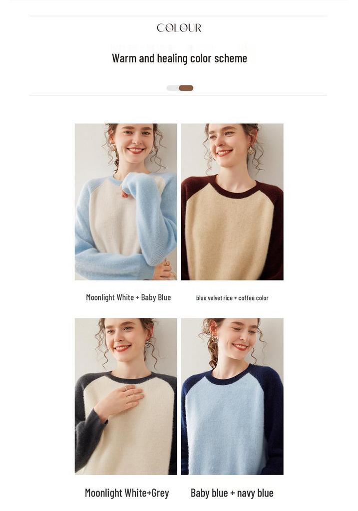 Women's Color Block Cashmere Sweater - Round Neck, Thick Knitwear for Autumn/Winter, Soft and Cozy Pullover