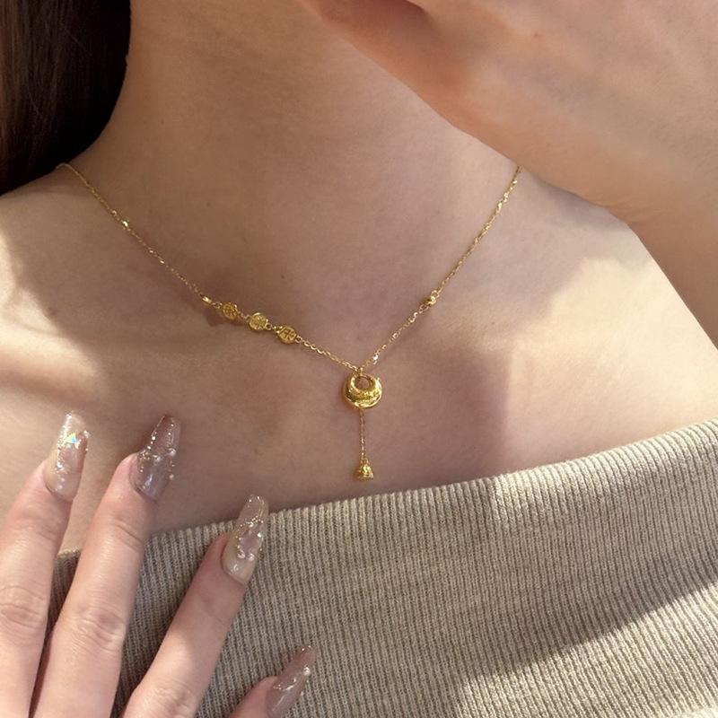 Classic Glossy Ruyi Lock Tassel Collar Chain Circular Water Drop Necklace Exquisite Chinese Style Ping An Joy Jewelry Gift