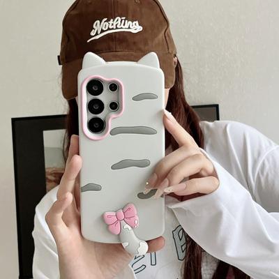 3D Cat Ear Tail Silicone Cute Bow Phone Case for Galaxy S23 S24 S25 S26 Ultra FE A56 A55 A54 A36 A35 A36 A26 A17 A16 A15 A24 A25 Cover