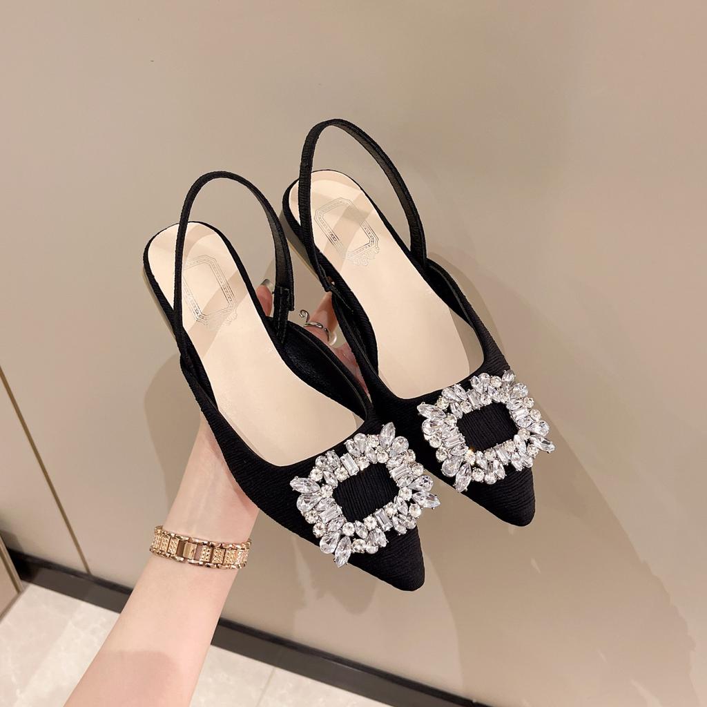 Design Sense Niche Low-heeled Shoes French Retro Single Shoes Late Evening Temperament Celebrity Rhinestone Square Buckle Back with Sandals