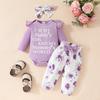 Baby Girl Autumn Romper Set: Long-Sleeved Letter Romper, Bow Flower Pants, Headband - Three-Piece Outfit 2024