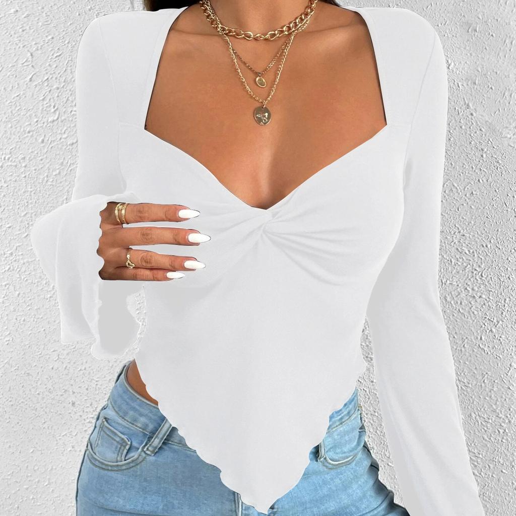 JKAASHDK Damemote Uformelt ensfarget trykk vår høst med lange armer bluser og skjorter med v-hals