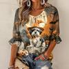 Women's Halloween Print Three-Quarter Sleeve Round Neck Blouse with Tie Front and Ruffle Hem