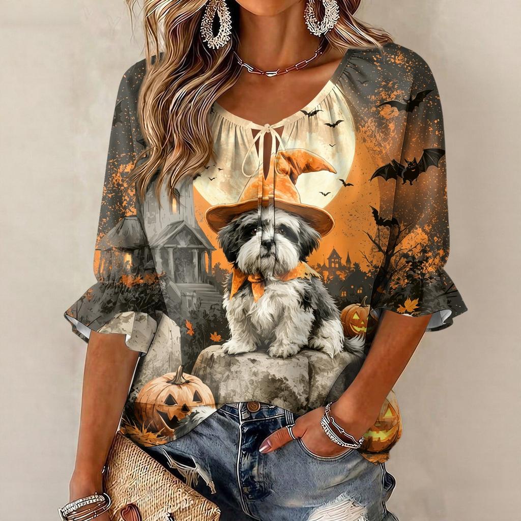 Women's Halloween Print Three-Quarter Sleeve Round Neck Blouse with Tie Front and Ruffle Hem