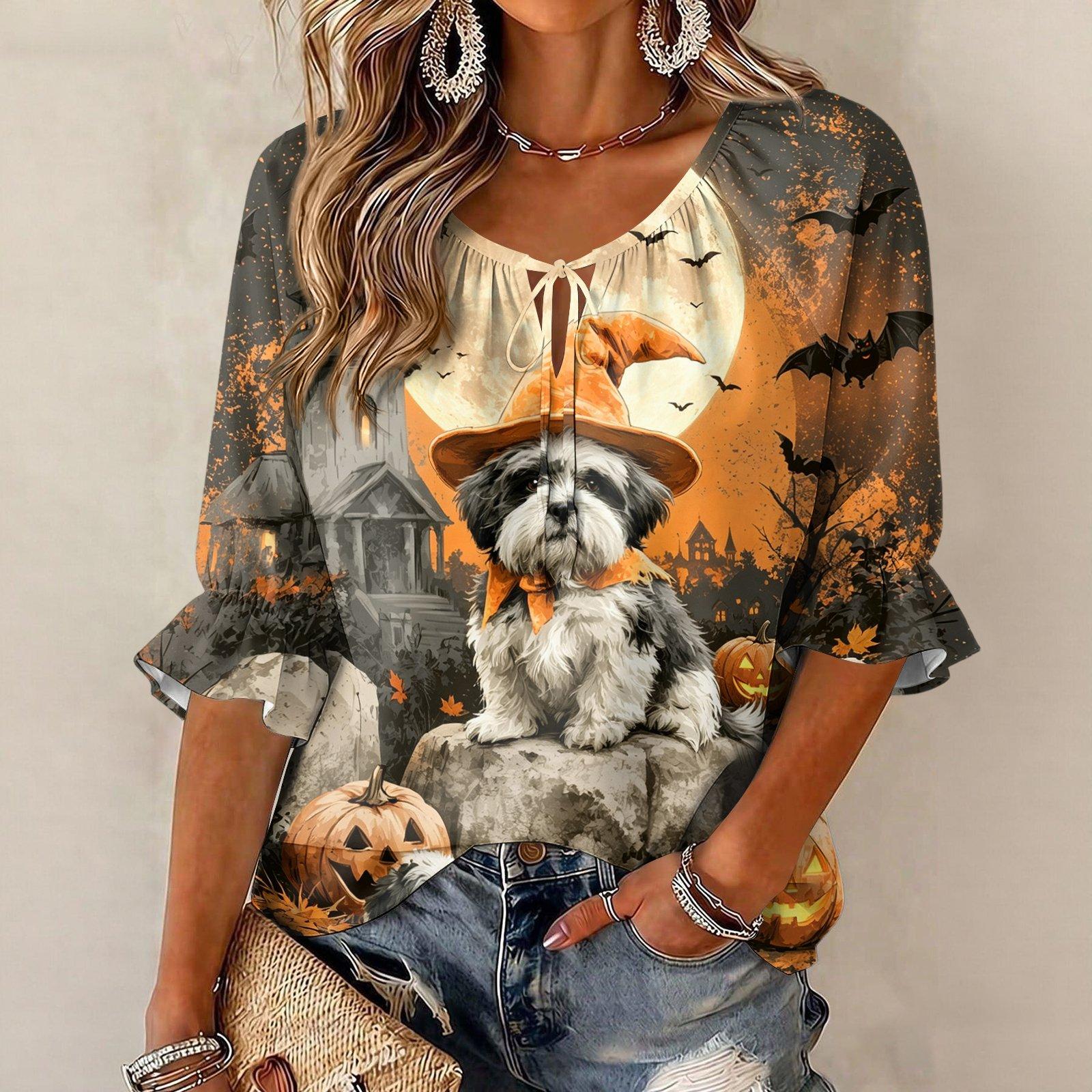 Women s Halloween Print Three-Quarter Sleeve Round Neck Blouse with Tie Front and Ruffle Hem L