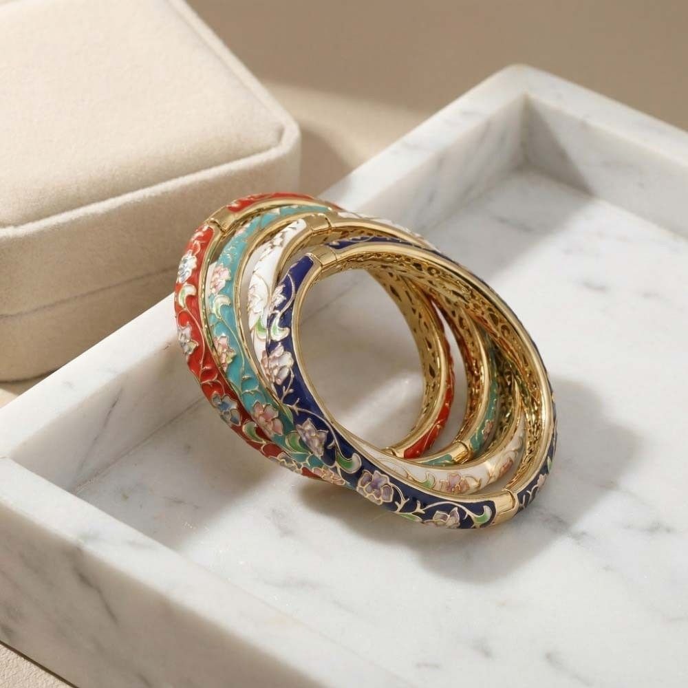 Traditional Vintage Cloisonne Bangle Peony Floral Women's Hand Bracelet  Gifts for Women Girl