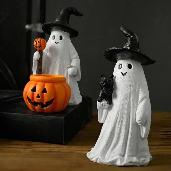 Halloween Ornament Spøkelse Heksehatt Gresskardesign Resin Statuett Dekorasjon Hjemmefest Atmosfære Rekvisitter