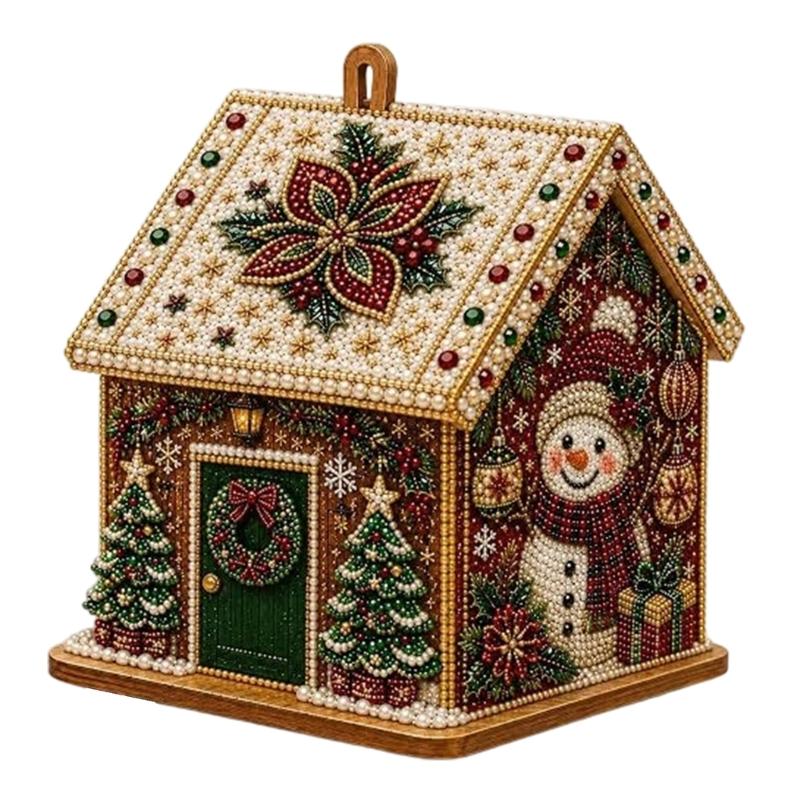 Wooden Christmas Houses Craft Set with Rhinestones Painting Piece, Pearls-Style Accents, and Tools for Hands-On Decorating