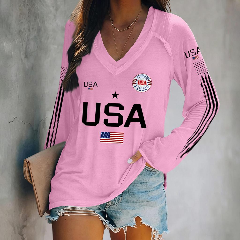 Sweter z długim rękawem i dekoltem w serek z nadrukiem liter USA i grafiką flagi, luźny top w stylu unisex dla kobiet i mężczyzn, wygodny, lekki design