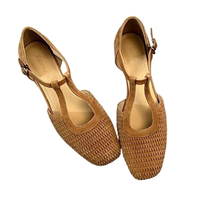 Fashion New Fashion Women's Hollow-out Cow Leather Narrow Band T-strap Flats Sandals Round Toe High Quality Casual Shoes Zapatos Mujer