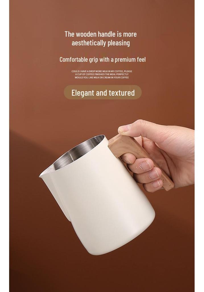 Wood Grain Handle Latte Art Cup, 304 Stainless Steel with Scale, Milk Frothing Pitcher