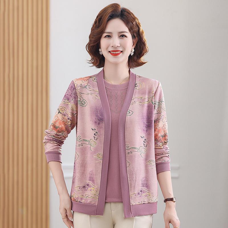 

Chic Spring/Summer Printed Cardigan & Short-Sleeve Top Set for Middle-Aged Women – Comfortable, Versatile, Slimming 3XL (for 120-135 lbs) фиолетовый