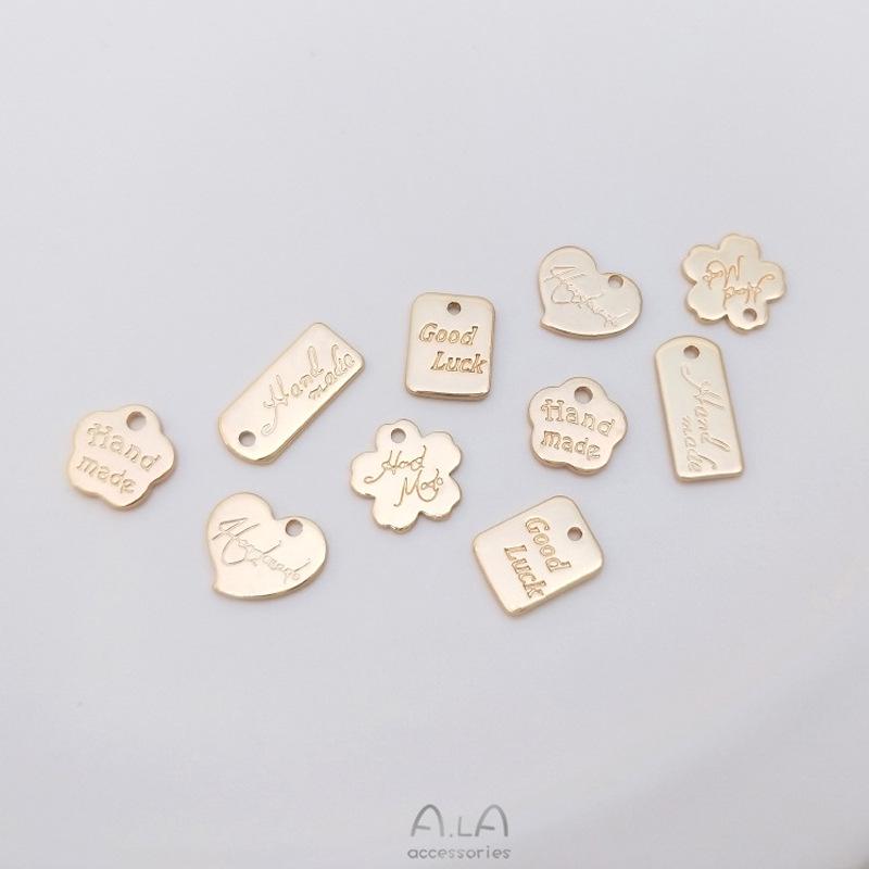 14K Gold-Filled Flower Engraved Heart & Rectangle Pendant Charm for DIY Jewelry