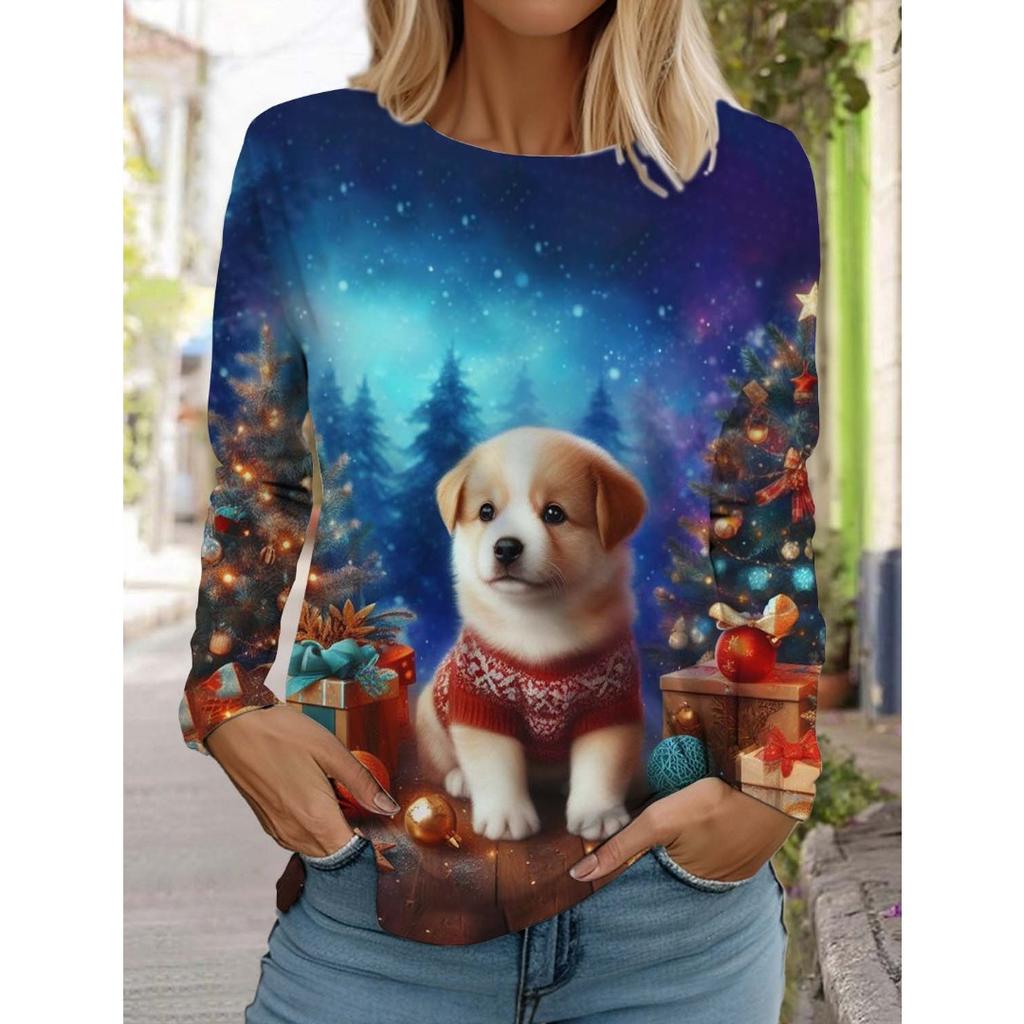 Weihnachten Damen Langarm T-Shirt Lässig Mode Weihnachten Niedliche Katze&Hund Feiertagsgeschenke Oberteile Harajuku Tier Damenbekleidung