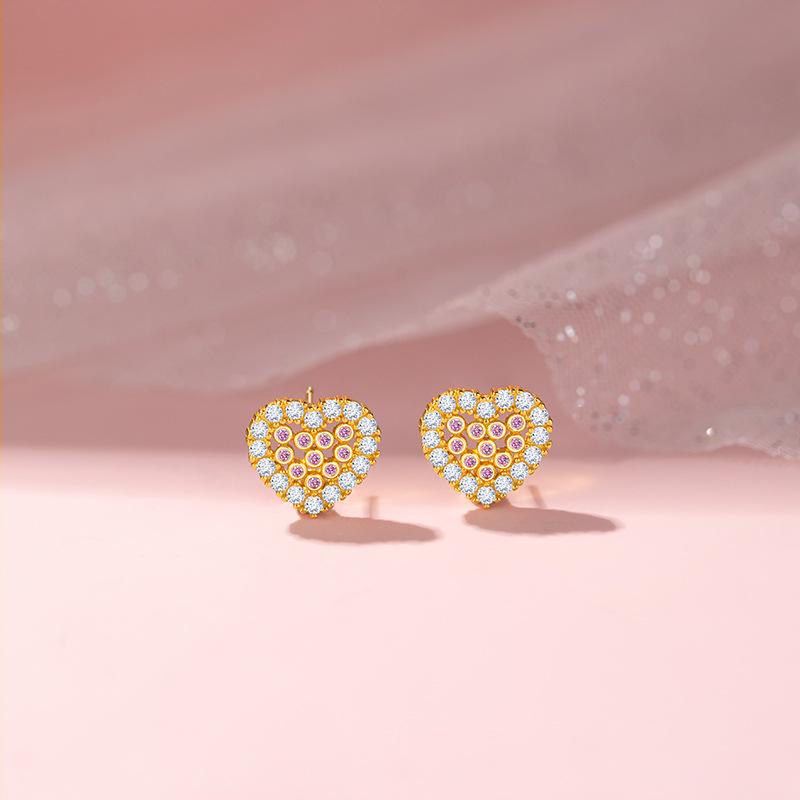 Pink Love Stud Earrings Women's Light Luxury Niche Ins Hollow Pink Zirconium Heart Earrings