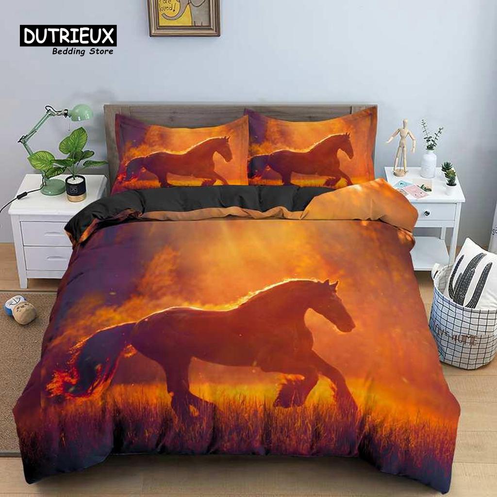 Horse Duvet Cover 3D Steed Farm Animal Comforter Cover Polyester Exotic Style Western Cowboys Bedding Set Twin For Kids Boy Teen