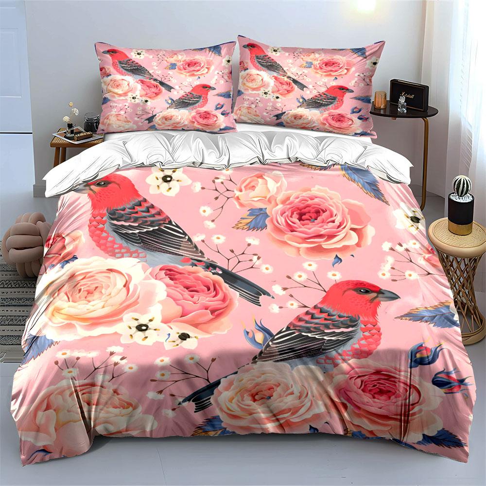 Retro Floral And Bird Themed Patterns Bedding Set For Kids Luxury Gift 3Pcs Digital Print Comforter Set Soft Comfortable
