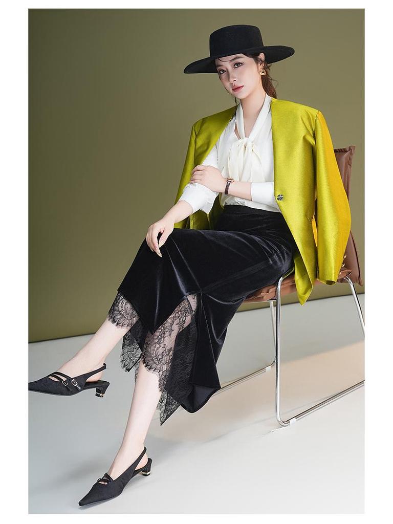 Elegant Velvet Lace Trim High-Waisted Slit Tube Pencil Skirt