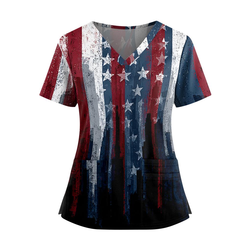 Women's Independence Day Print V-Neck Double Pocket Short Sleeve Uniform with Slit Hem - Caregiver Top