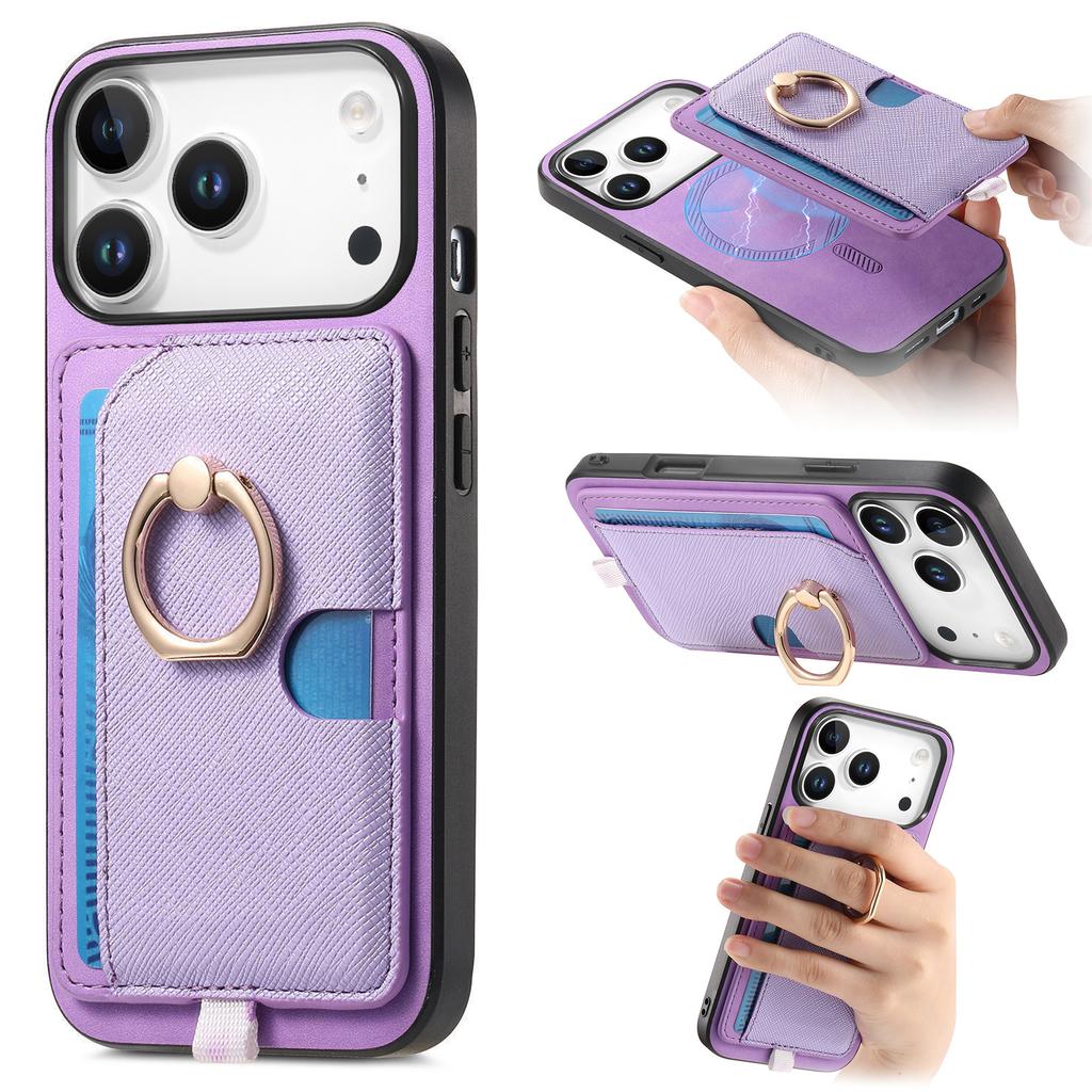For iPhone 17 Pro Case Ring Kickstand Leather+TPU+PC Phone Cover Detachable Card Holder