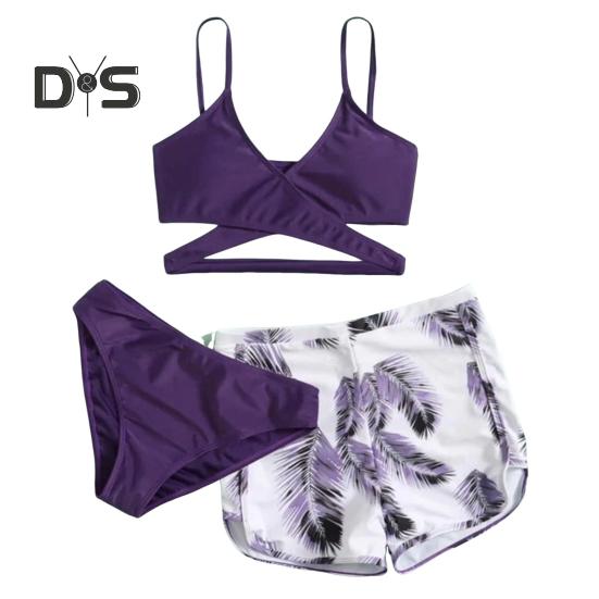 3dílná sada plavek s ramínky, podprsenkou s výstřihem do V a středním pasem, sada plavek, jednobarevné bikiny s kraťasy s potiskem peří