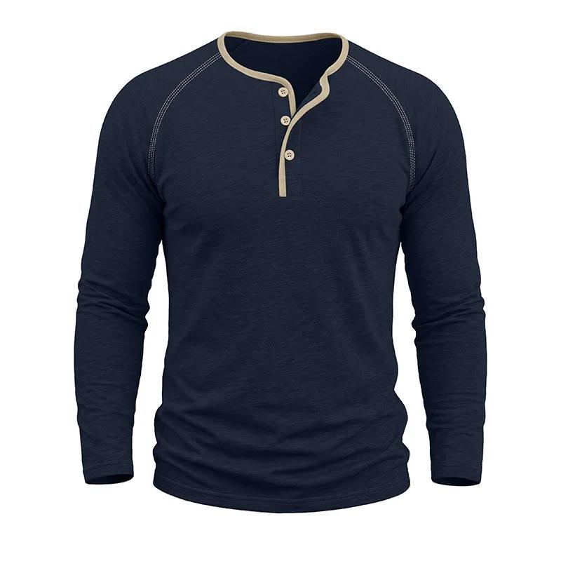 Spring Autumn Men's Cotton Henry Collar T-Shirts American Style Fashion Smart Casual Tees Tops Men Patchwork Breathable Tshirt