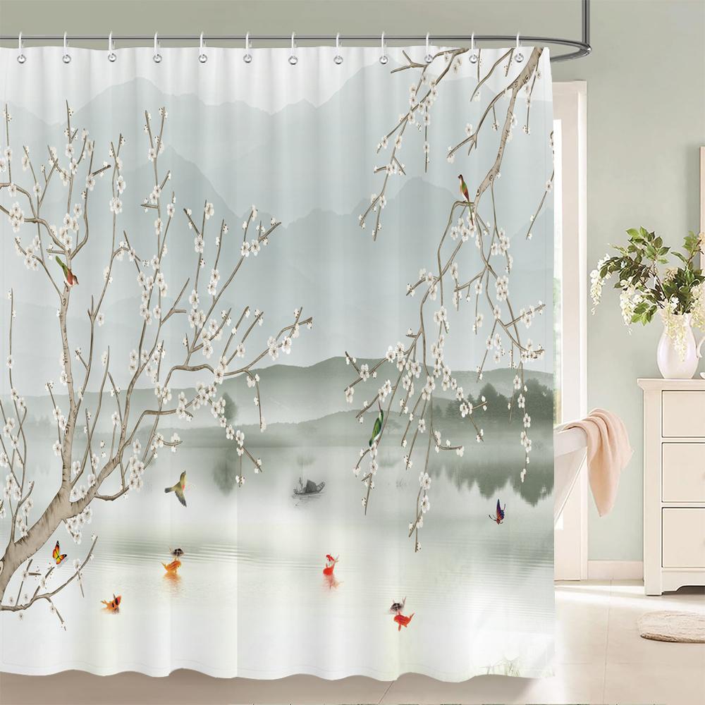 Shower Curtain Chinese Style Flower and Bird Waterproof Bathroom Curtain landscape Partition Curtain Bath Curtains With Hooks