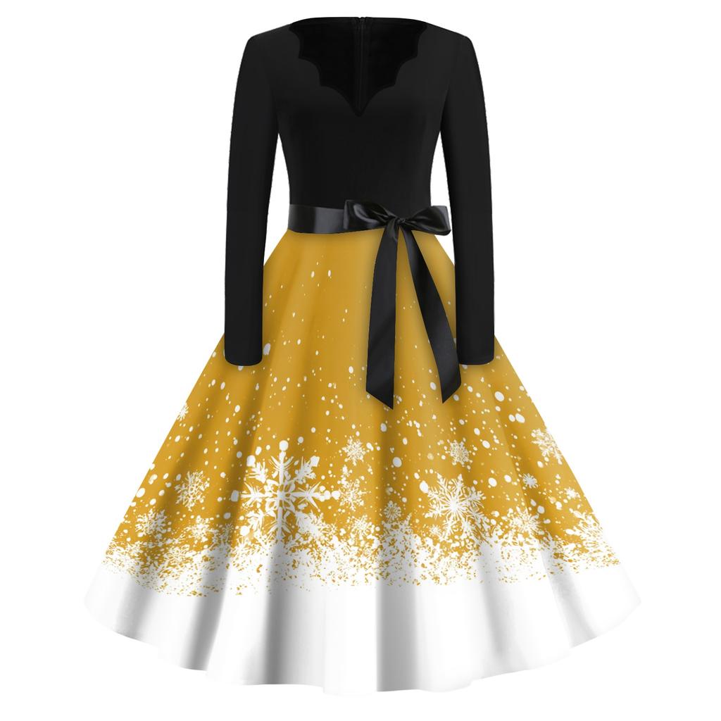 Women's Retro V-Neck Christmas Print Dress with Snowflake and Christmas Tree Pattern