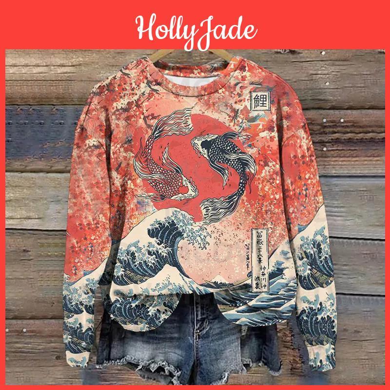 Japanese Crew Print Wave Koi Neck Sweatshirt 3d Printed Women Casual Pullover